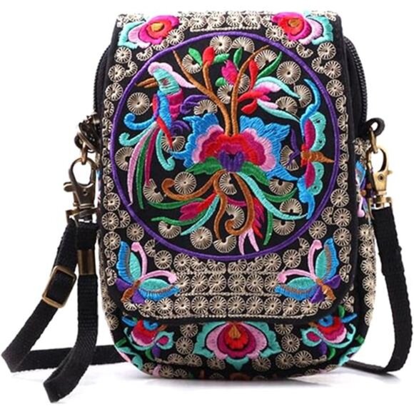 Embroidery Flowers Canvas Crossbody Bag,